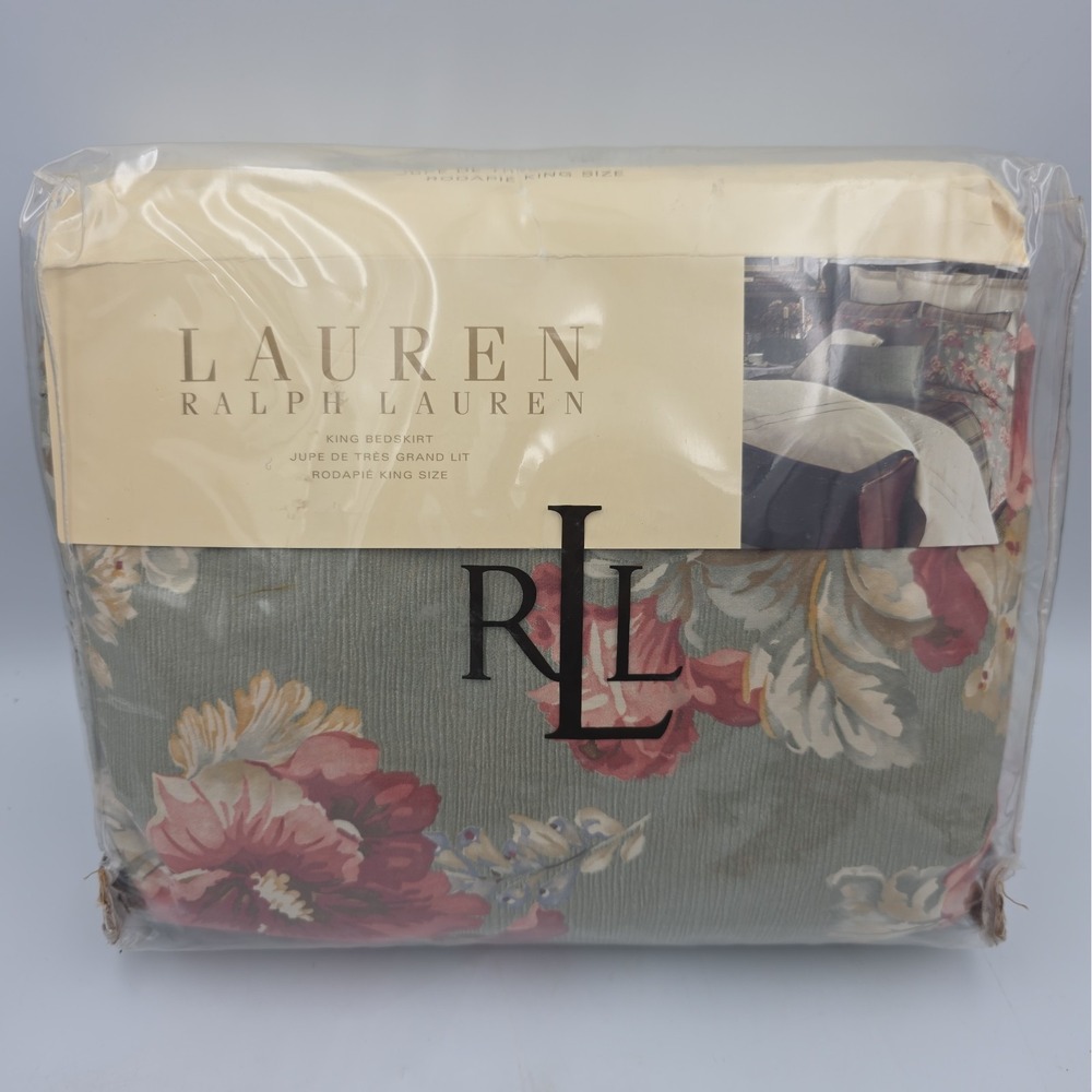 NIP Vintage Ralph Lauren Shetland Manor Sage Green Red Floral KING Bedskirt, HTF